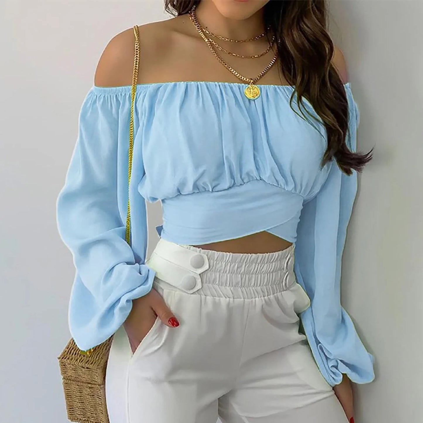 Blusa Sexy con cuello oblicuo y espalda descubierta de manga larga acampanada con estampado Floral, Tops de verano para mujer, camisetas recortadas con vendaje entrecruzado