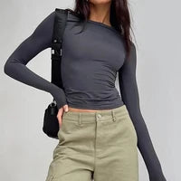 Camiseta básica de manga corta y manga larga ajustada con cuello redondo – Top corto Y2K
