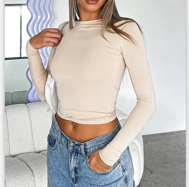 Camiseta básica de manga corta y manga larga ajustada con cuello redondo – Top corto Y2K