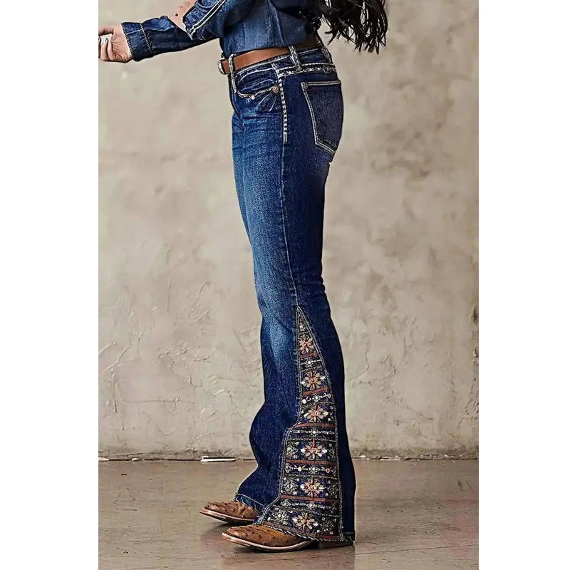 Jeans Acampanados Y2K – Vaqueros Bootcut con Dobladillo Estampado de Cachemira