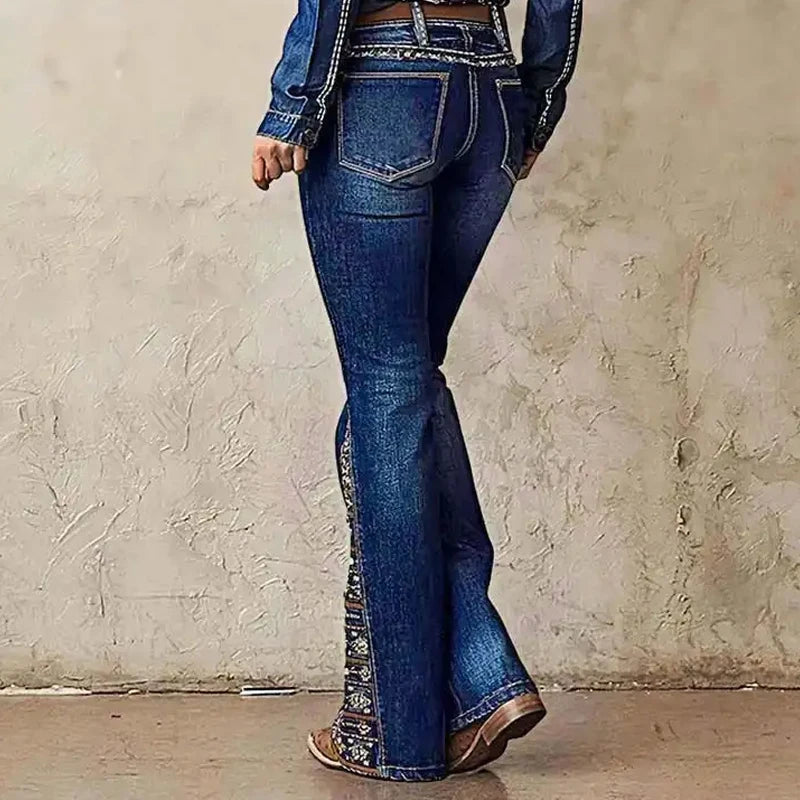 Jeans Acampanados Y2K – Vaqueros Bootcut con Dobladillo Estampado de Cachemira
