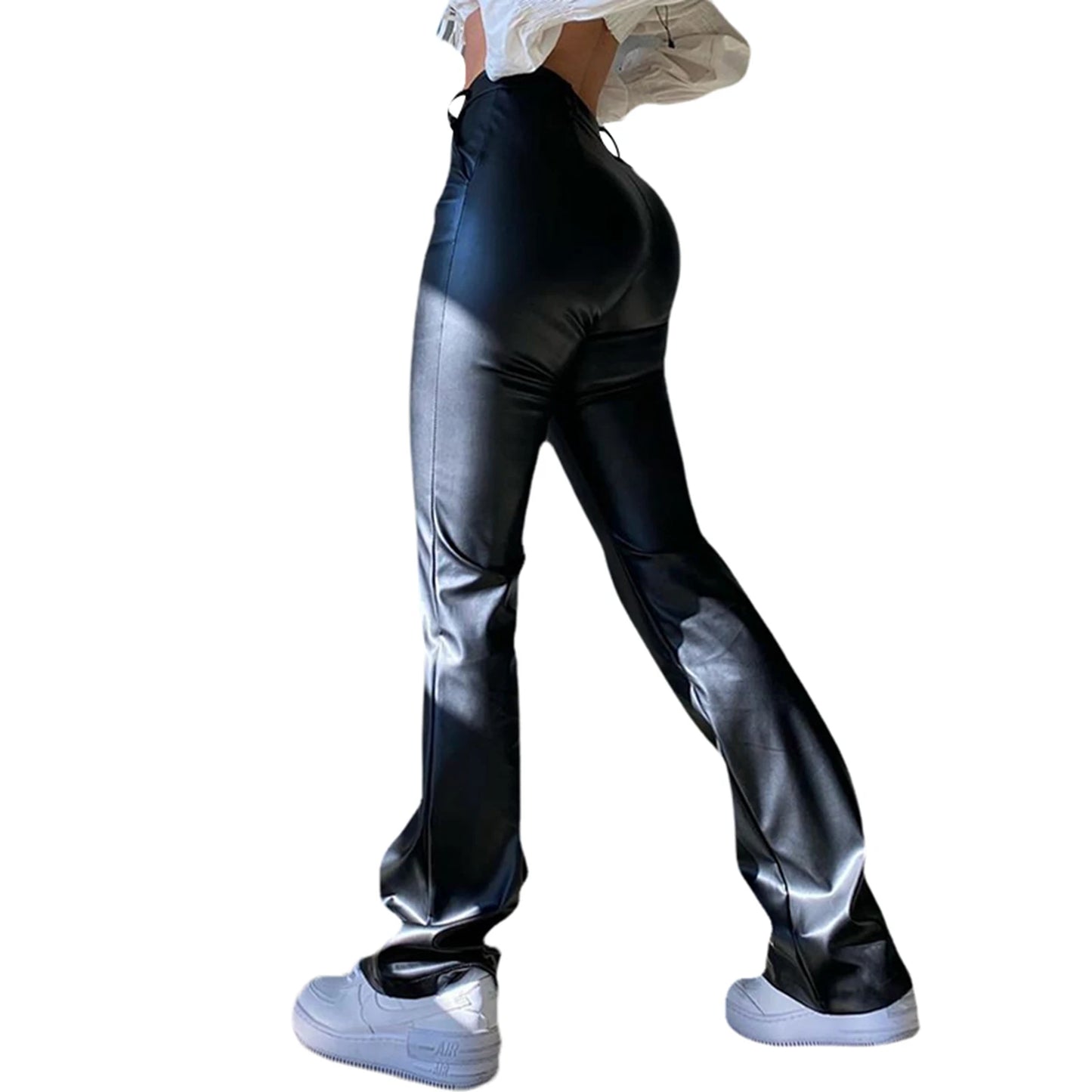 Pantalón Negro Imitación Piel de Cintura Alta