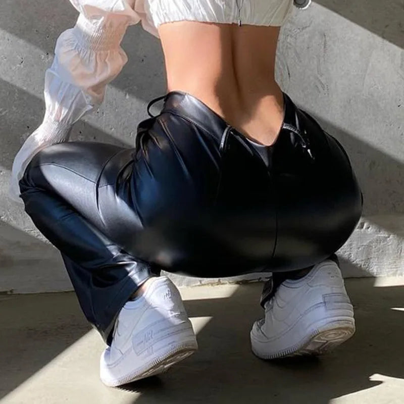 Pantalón Negro Imitación Piel de Cintura Alta