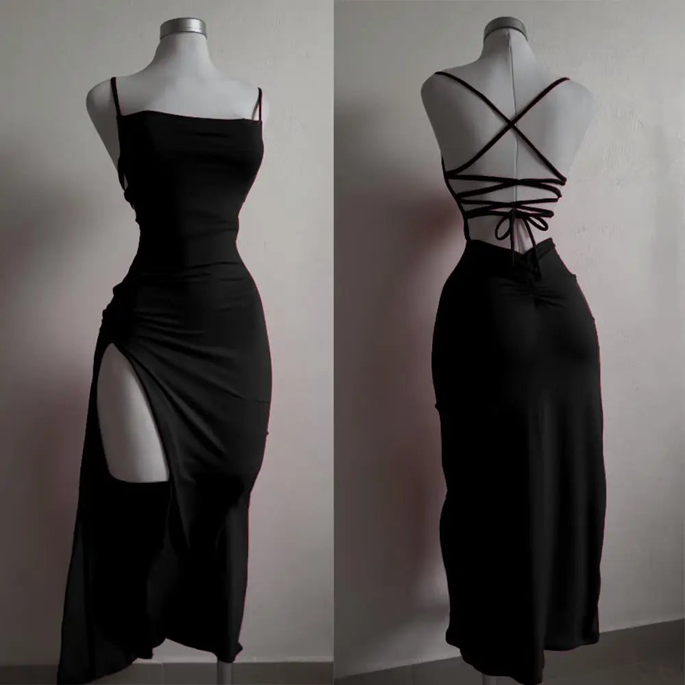 Vestido largo halter con abertura lateral y espalda cruzada – Elegante/Fiesta