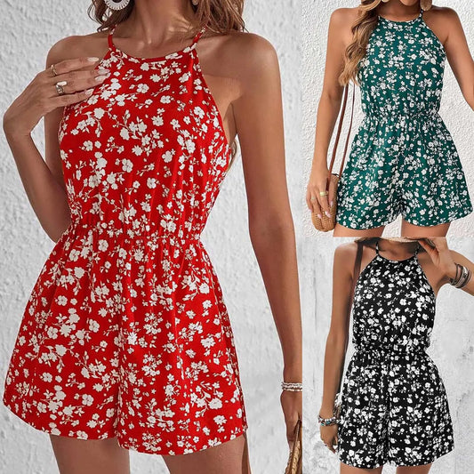 Mono corto estampado floral con cuello halter y cintura alta – Casual