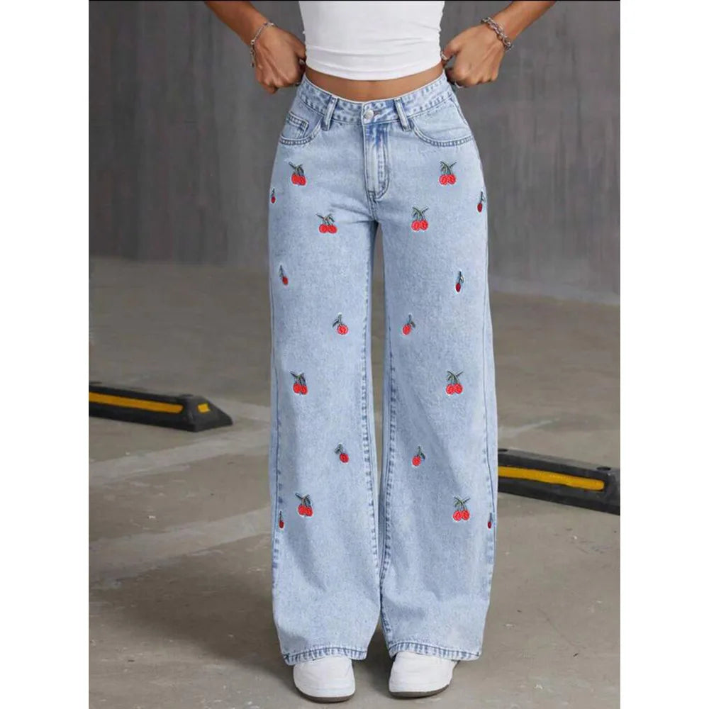 Jeans Wide Leg Azul con Bordados de cerezas 🍒