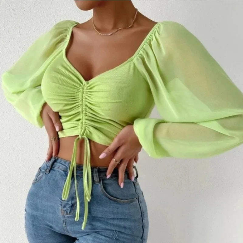 Blusa Sexy de malla con mangas acampanadas y cordón para mujer, blusa  con ombligo descubierto en el pecho.