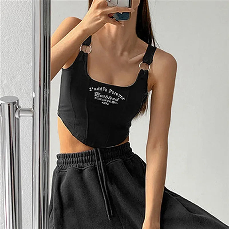 Top corto sin mangas con letras bordadas – Estilo Y2K con tirantes y anillo metálico