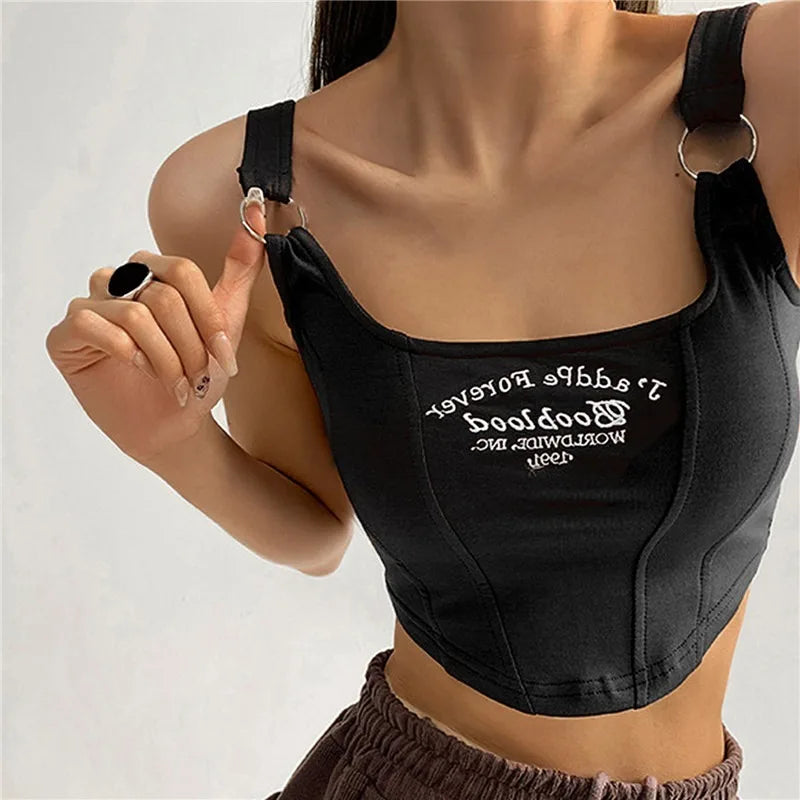 Top corto sin mangas con letras bordadas – Estilo Y2K con tirantes y anillo metálico