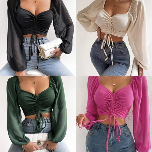 Top Manga Farol – Blusa Crop con Cordón Frontal Ajustable
