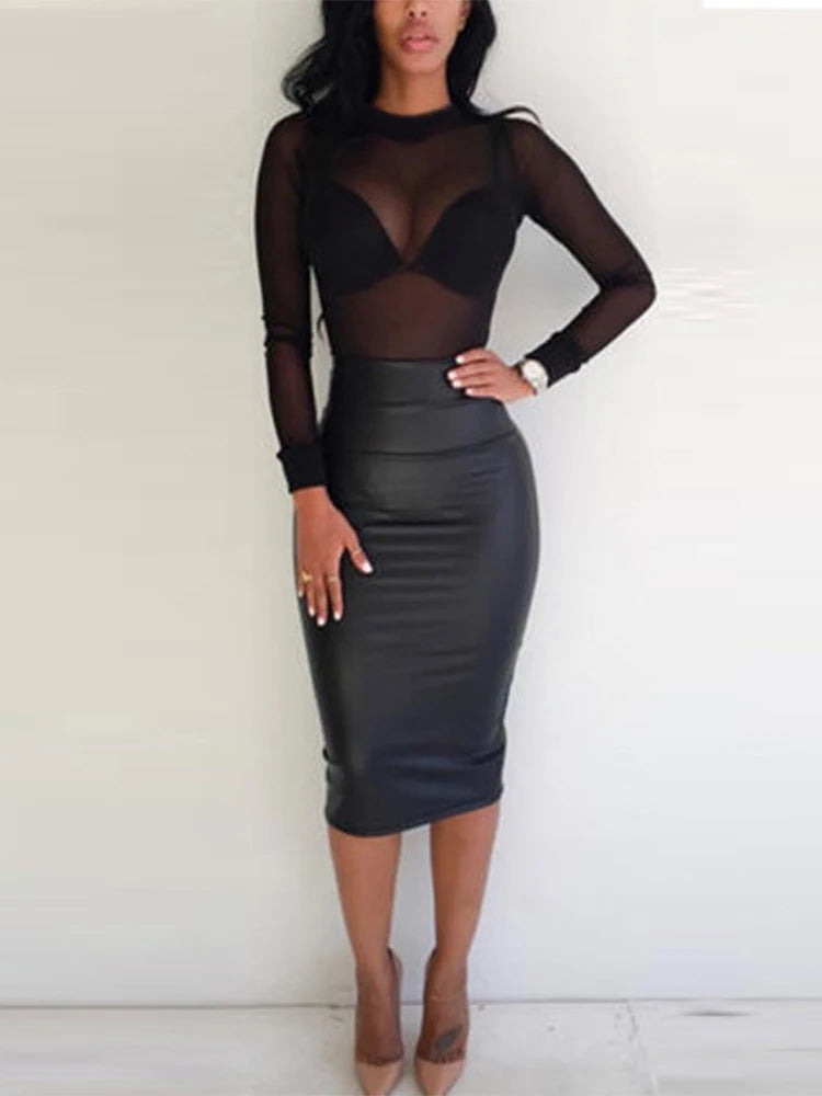 Top de malla transparente con cuello alto – camiseta sexy de manga larga ajustada