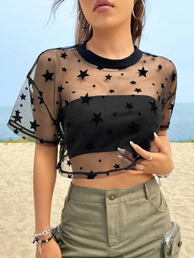 Top de Malla Transparente con Estampado de Estrellas – Blusa Corta Sexy