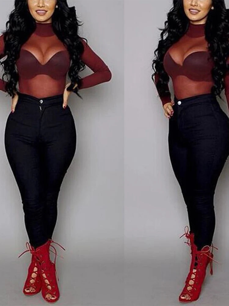 Top de malla transparente con cuello alto – camiseta sexy de manga larga ajustada