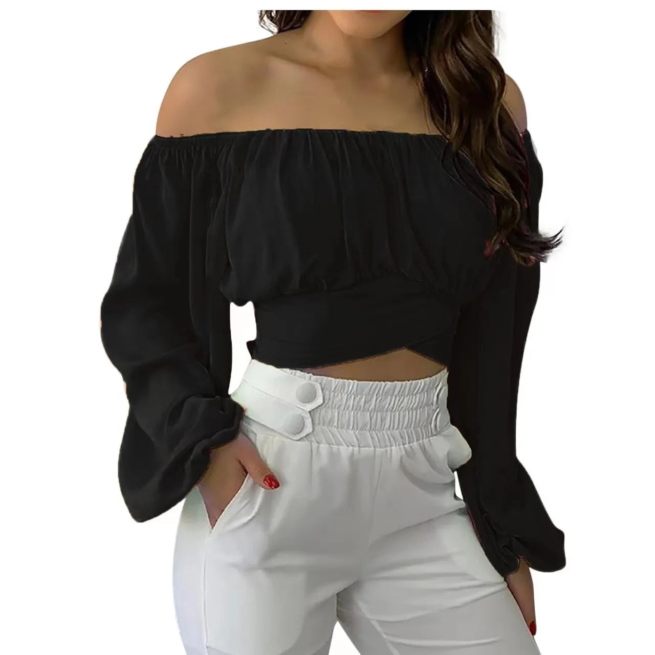 Blusa Sexy con cuello oblicuo y espalda descubierta de manga larga acampanada con estampado Floral, Tops de verano para mujer, camisetas recortadas con vendaje entrecruzado