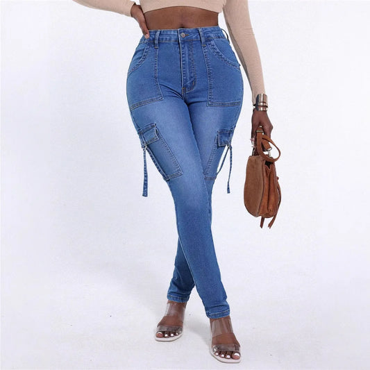 Jeans Entubados de Mujer Cintura Alta – Mezclilla Desgastada Azul