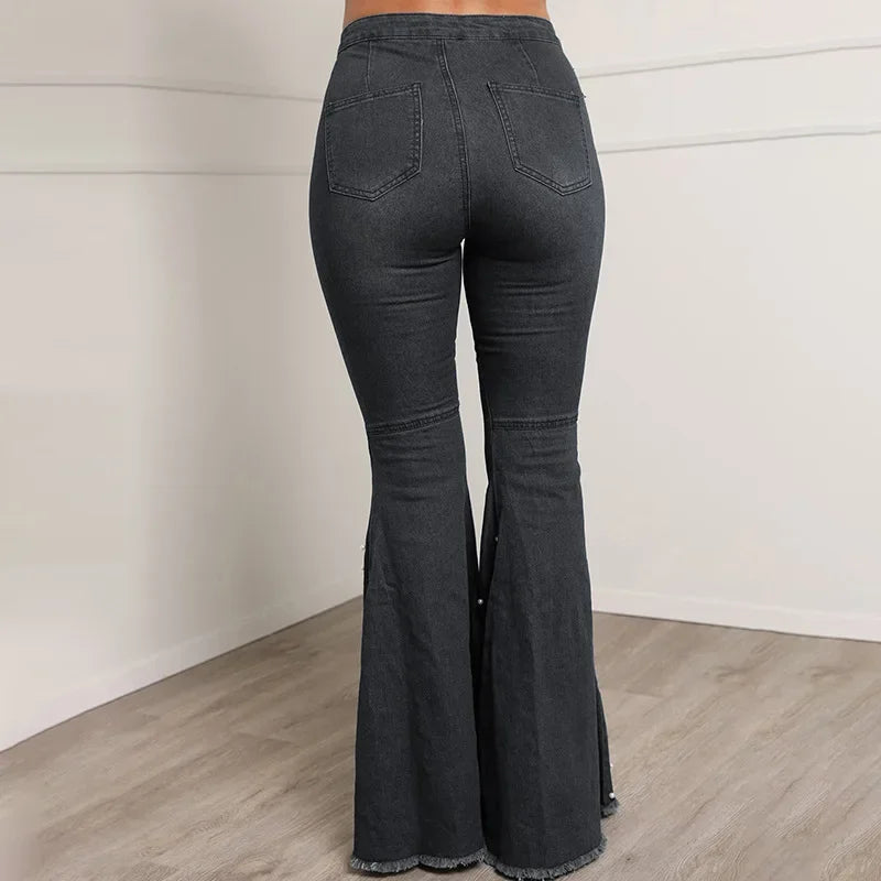 Jeans Acampanados Azul de Cintura Alta con Brillos