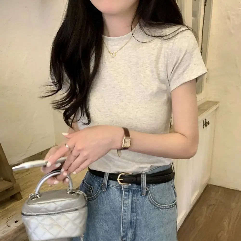 Camiseta básica ajustada de manga corta con cuello redondo – Casual/Streetwear
