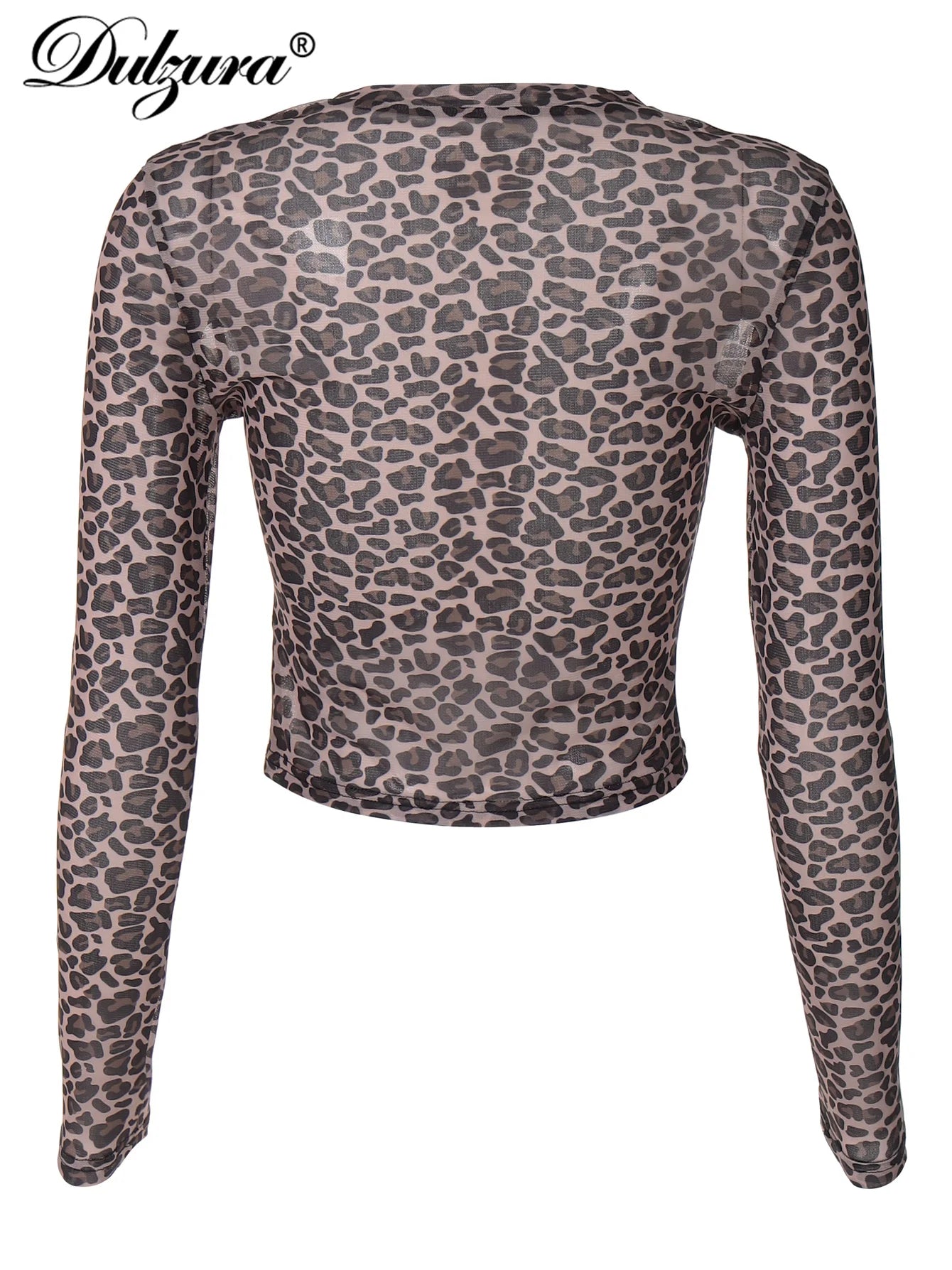 Top Mujer Estilo Club  Manga Larga de Malla Estampado Leopardo – Crop Ajustado Sexy Y2K