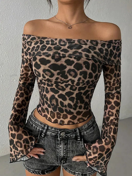 Blusa Off-Shoulder Leopardo – Manga Larga Sexy