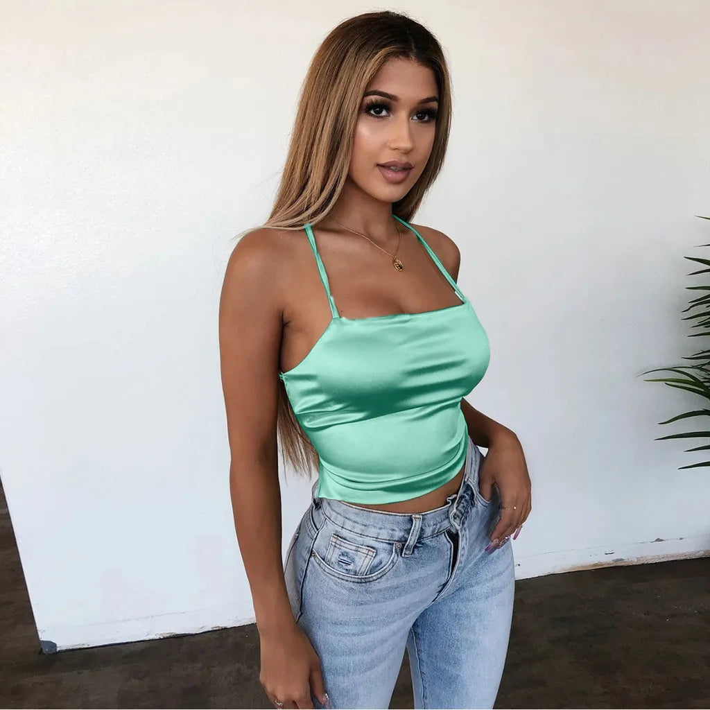 Camisola Sexy De seda De hielo suave para Mujer, Tops cortos ajustados con espalda descubierta, camisola Bandage para fiesta y Club, camisetas sin mangas sexys Y2k, Blusas, Ropa De Mujer