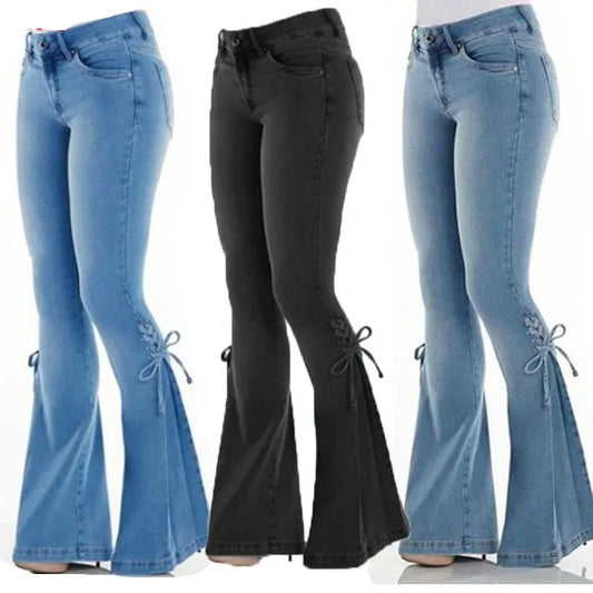 Jeans Acampanados Azul de Cintura Alta con Cordones
