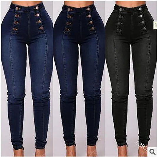 Jeans Entubados de Mujer Cintura Alta – Estilo Vintage con Doble Botonadura