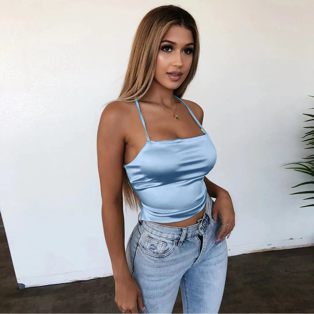 Camisola Sexy De seda De hielo suave para Mujer, Tops cortos ajustados con espalda descubierta, camisola Bandage para fiesta y Club, camisetas sin mangas sexys Y2k, Blusas, Ropa De Mujer