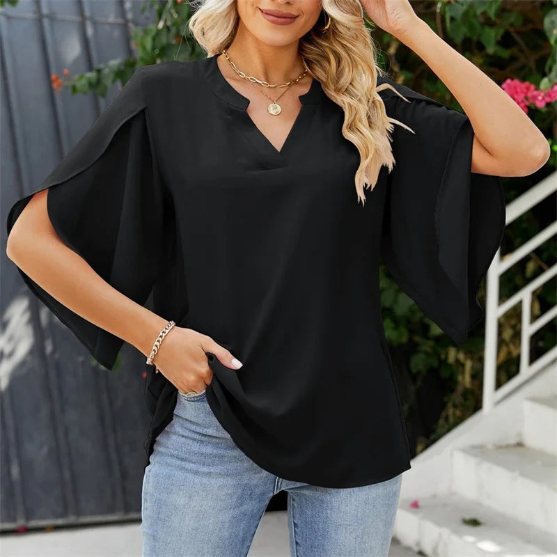 Blusa de gasa holgada con cuello en V y mangas acampanadas – Estilo veraniego casual