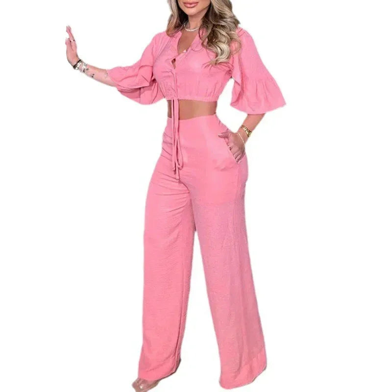 Conjunto 2 piezas con top de manga acampanada y pantalón pierna ancha – Casual