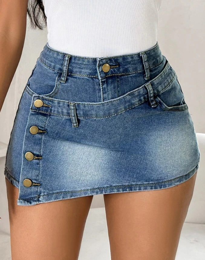 Falda Short de Mezclilla Azul de Cintura Alta con Botones Laterales