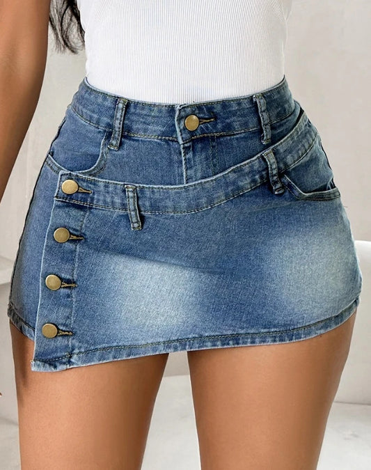 Falda Short de Mezclilla Azul de Cintura Alta con Botones Laterales