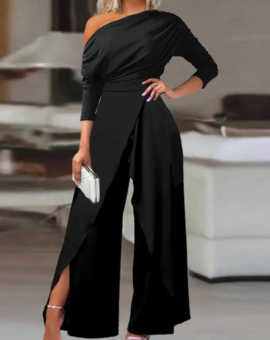 Mono elegante manga larga con hombro descubierto y pierna ancha – Casual/Nocturno