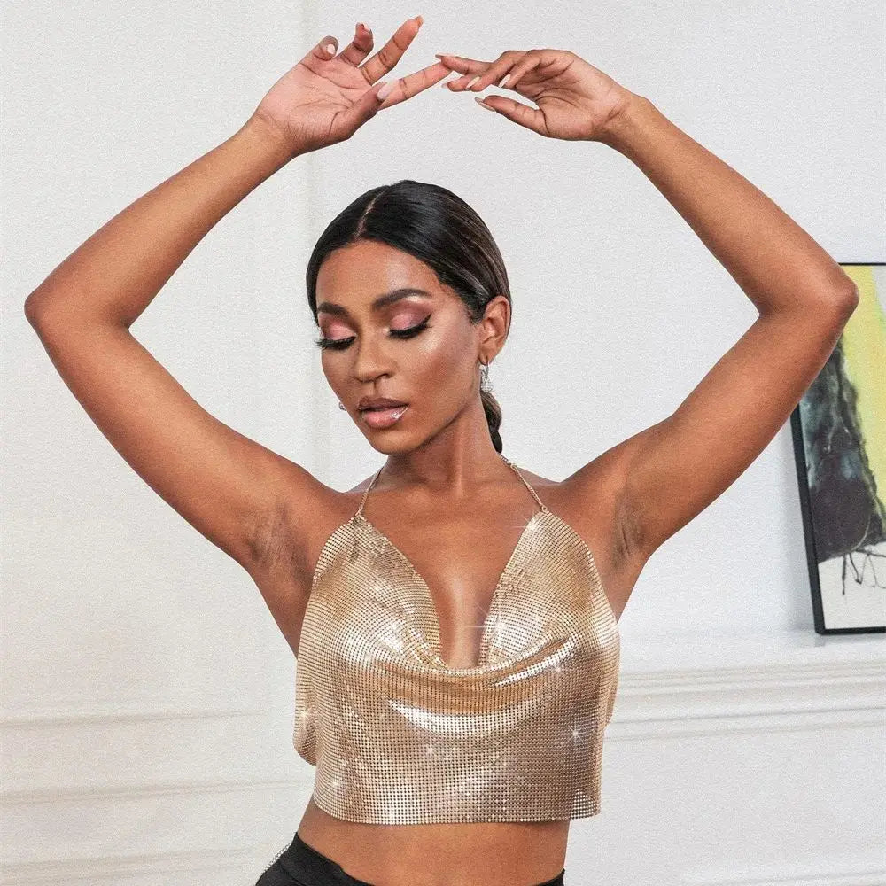 Top Halter Brillante con Lentejuelas de Metal sin Mangas – Espalda Abierta para Fiesta y Club Nocturno