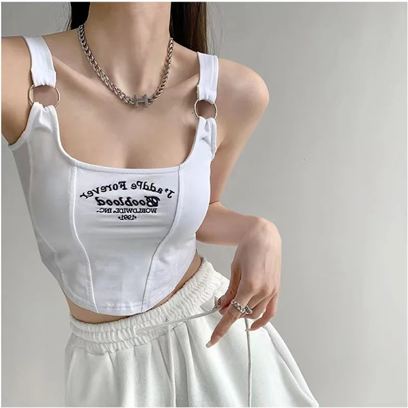 Top corto sin mangas con letras bordadas – Estilo Y2K con tirantes y anillo metálico