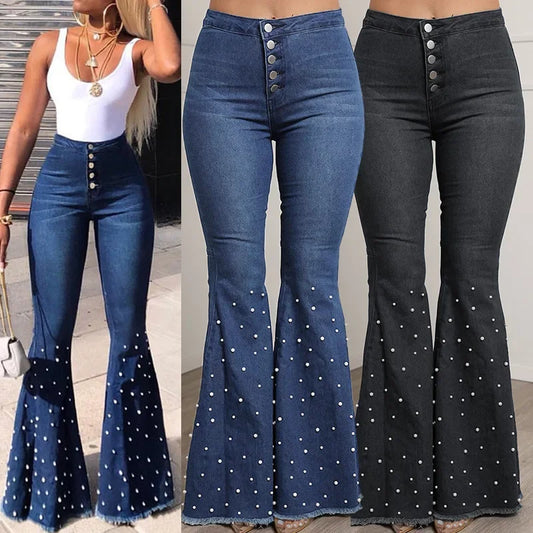 Jeans Acampanados Azul de Cintura Alta con Brillos