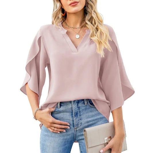 Blusa de gasa holgada con cuello en V y mangas acampanadas – Estilo veraniego casual