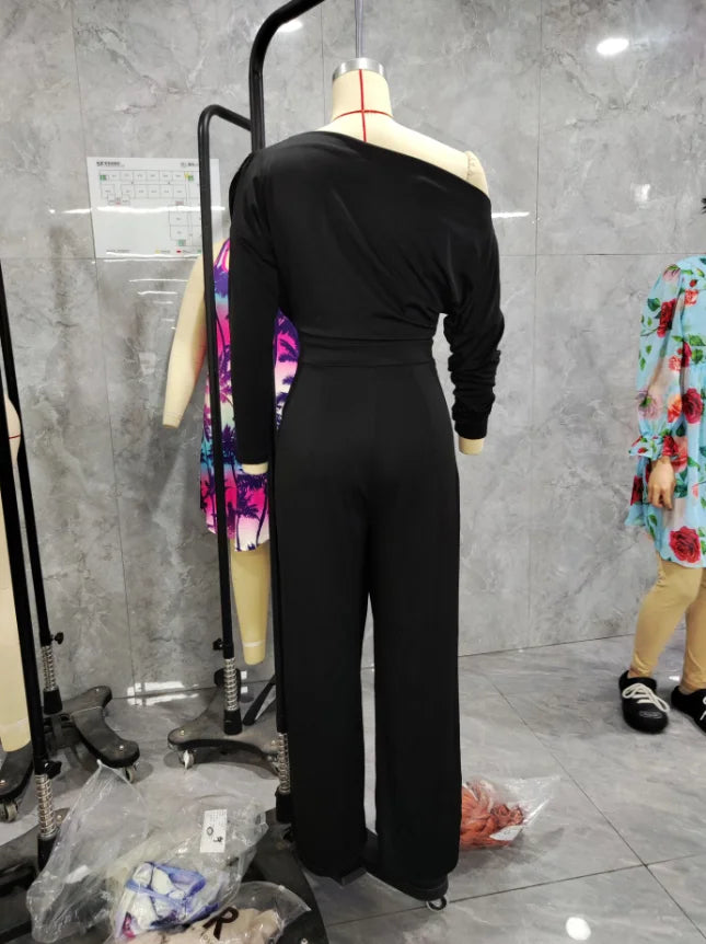 Mono elegante manga larga con hombro descubierto y pierna ancha – Casual/Nocturno