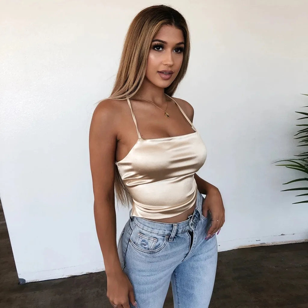 Camisola Sexy De seda De hielo suave para Mujer, Tops cortos ajustados con espalda descubierta, camisola Bandage para fiesta y Club, camisetas sin mangas sexys Y2k, Blusas, Ropa De Mujer