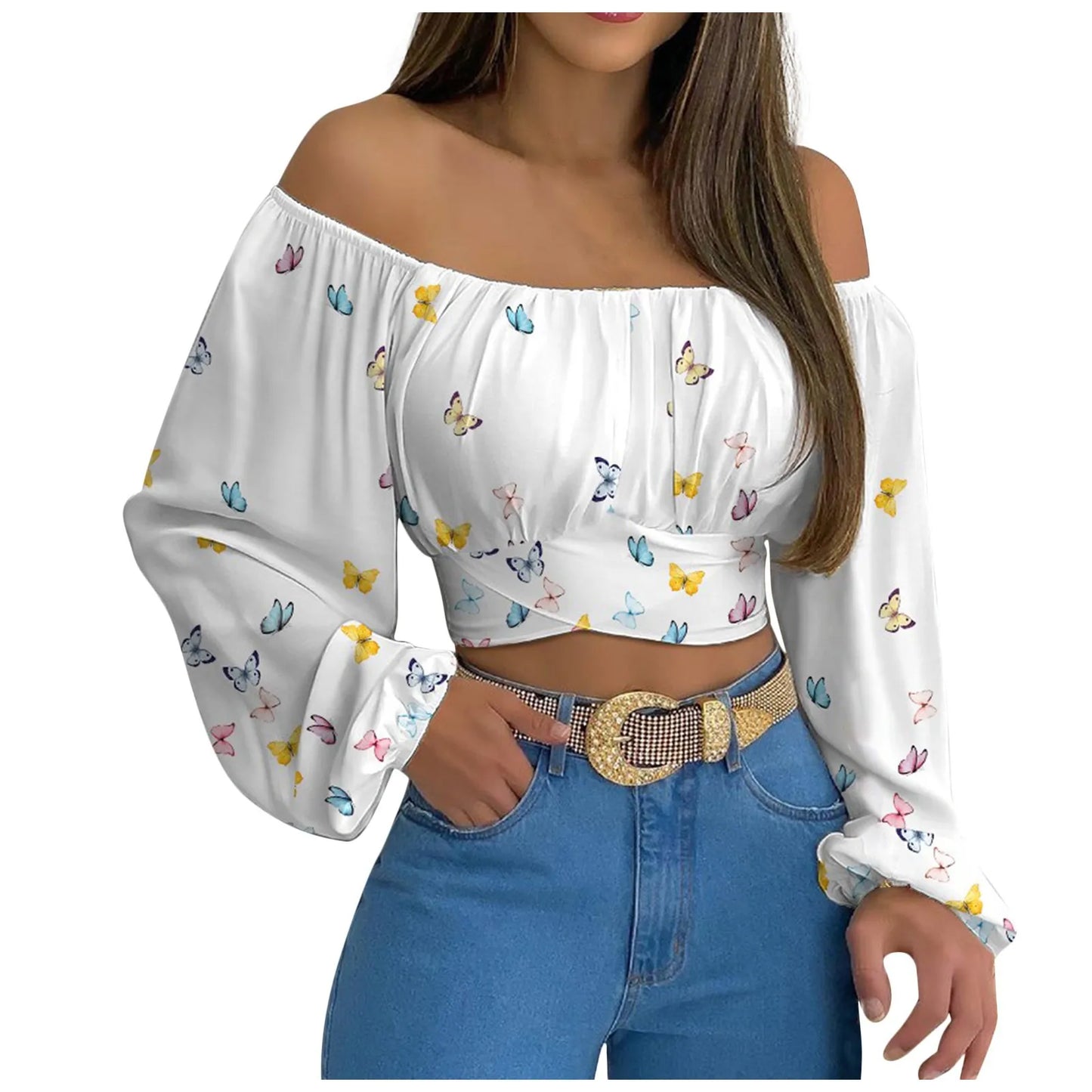 Blusa Sexy con cuello oblicuo y espalda descubierta de manga larga acampanada con estampado Floral, Tops de verano para mujer, camisetas recortadas con vendaje entrecruzado
