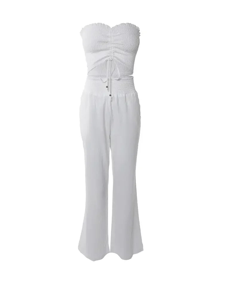 Conjunto de dos piezas para mujer, Top corto sin mangas y pantalones informales fruncidos de cintura alta