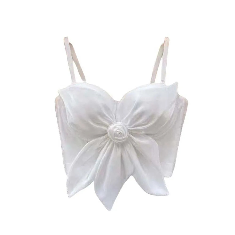 Top Corsé Elegante con Flores 3D – Estilo Socialité Blanco y Negro sin Mangas