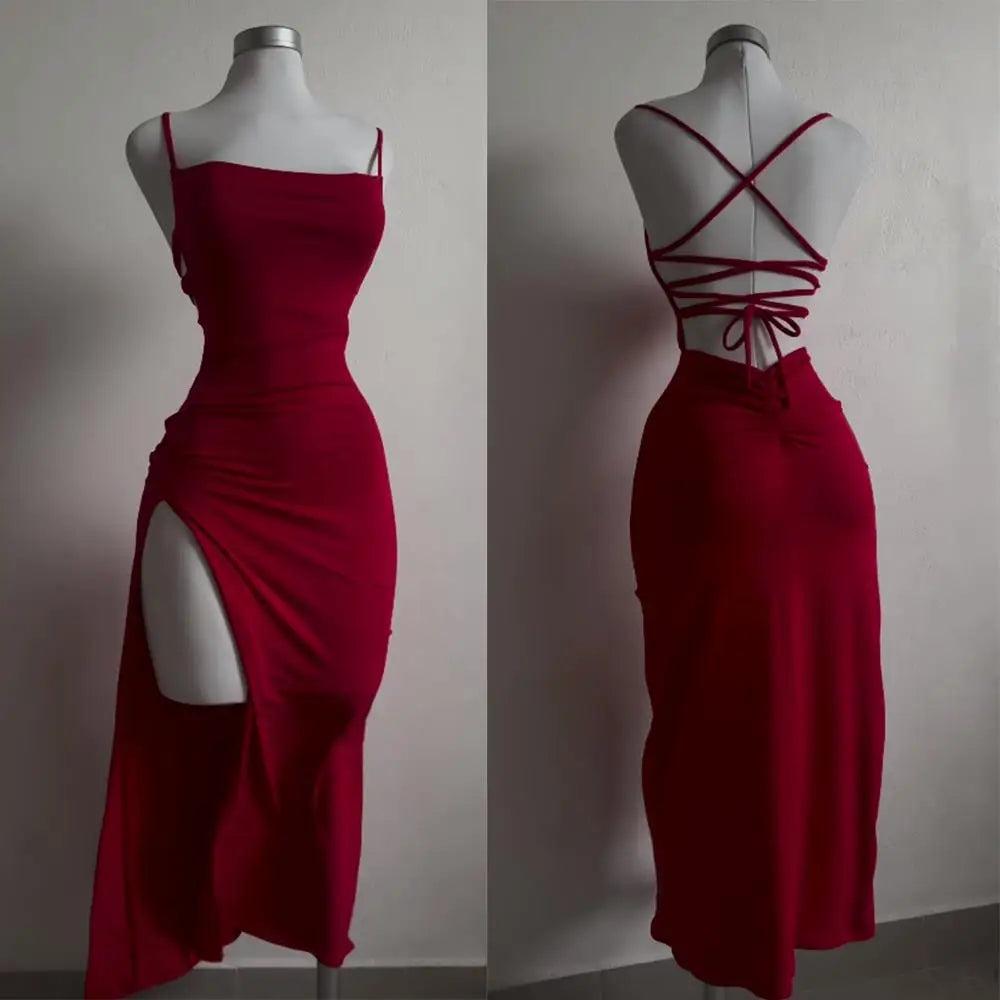 Vestido largo halter con abertura lateral y espalda cruzada – Elegante/Fiesta