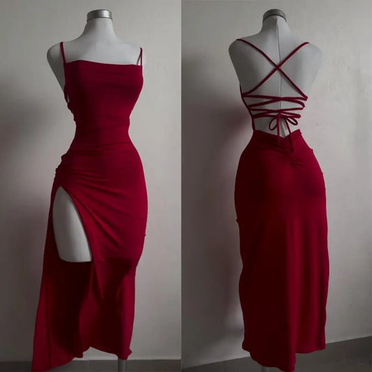 Vestido largo halter con abertura lateral y espalda cruzada – Elegante/Fiesta