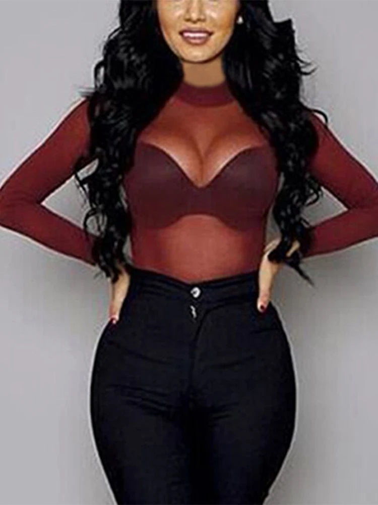 Top de malla transparente con cuello alto – camiseta sexy de manga larga ajustada