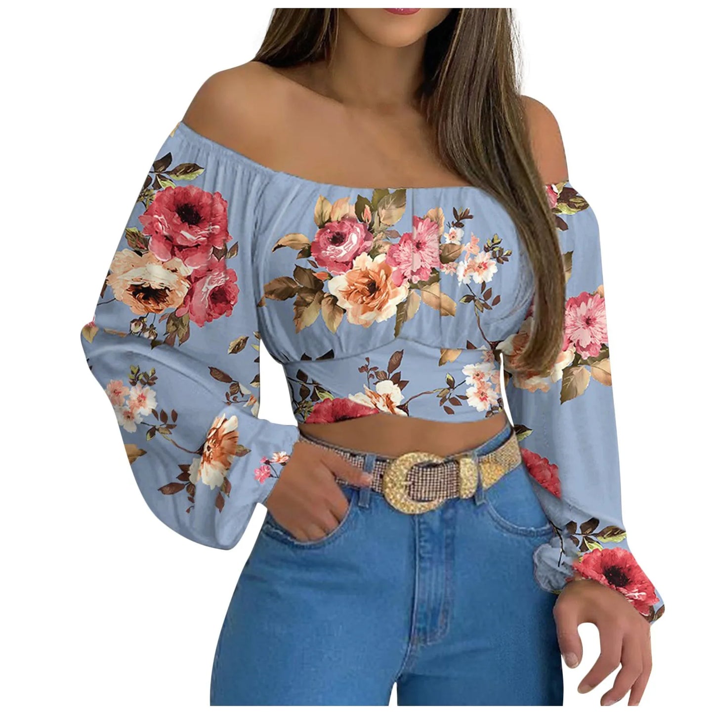 Blusa Sexy con cuello oblicuo y espalda descubierta de manga larga acampanada con estampado Floral, Tops de verano para mujer, camisetas recortadas con vendaje entrecruzado