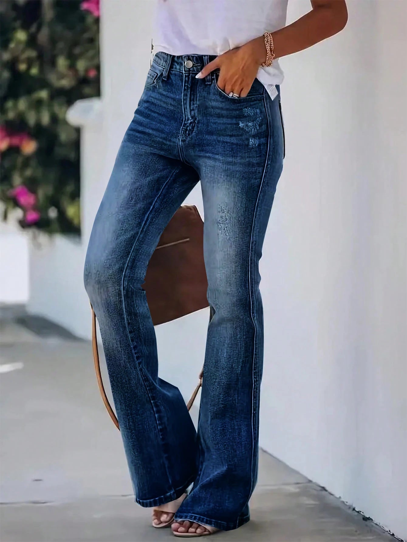 Pantalón Vaquero Acampanado de Cintura Alta – Azul Denim