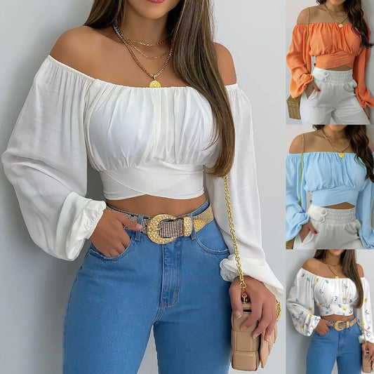 Blusa Sexy con cuello oblicuo y espalda descubierta de manga larga acampanada con estampado Floral, Tops de verano para mujer, camisetas recortadas con vendaje entrecruzado