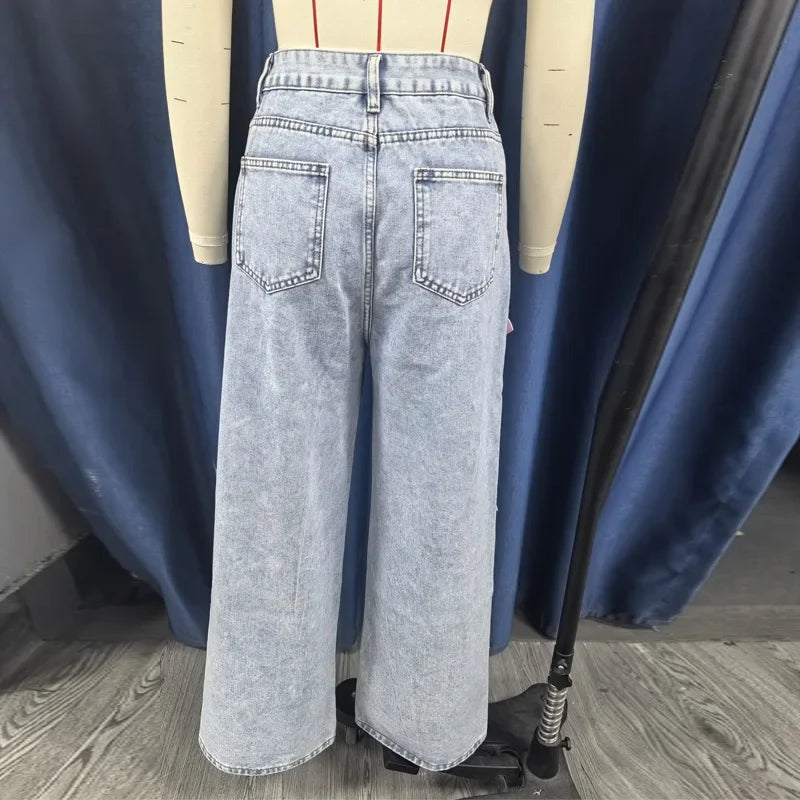Jeans Wide Leg Azul Claro con Moños Decorativos