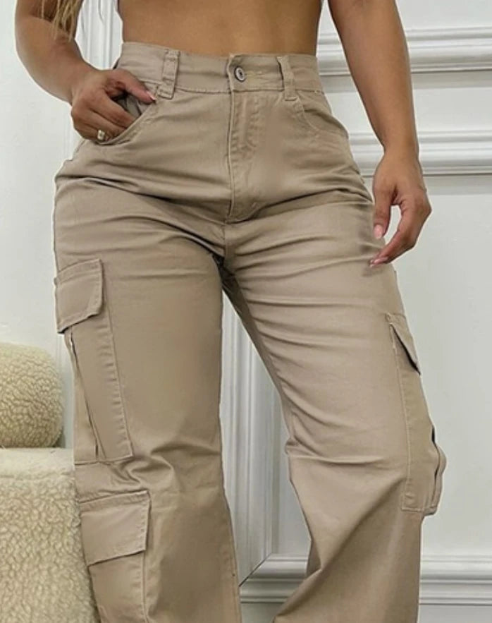 Pantalones de mujer 2025 Primavera Verano moda Casual nuevos pantalones de cintura alta diseño de bolsillo pantalones Cargo enviados en 48 horas