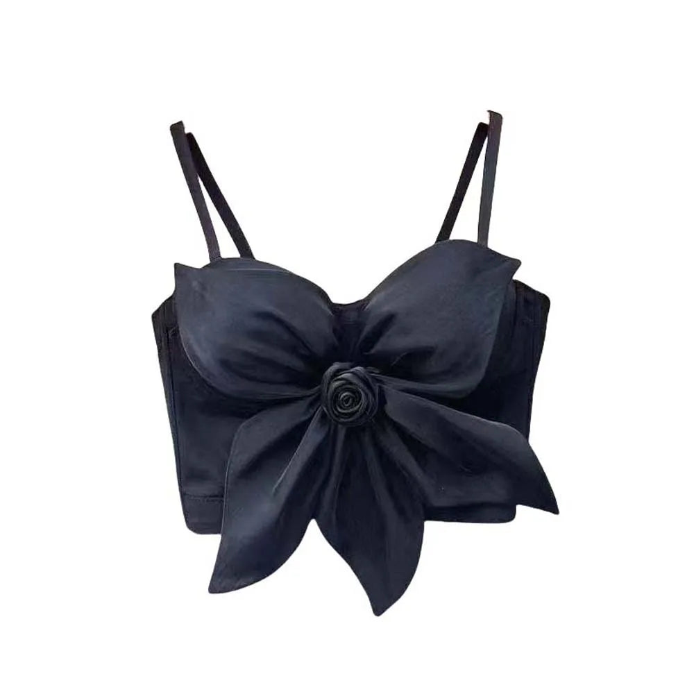 Top Corsé Elegante con Flores 3D – Estilo Socialité Blanco y Negro sin Mangas